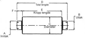 Lyddemper - 5" (127 mm) inntak/uttak - Diameter: 10" - Kropp: 44 1/2" - Tot.lengde: 51" 19