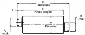 Lyddemper - 3" (76,2 mm) inntak/uttak - Diameter: 7" - Kropp: 30" - Tot.lengde: 36" 9